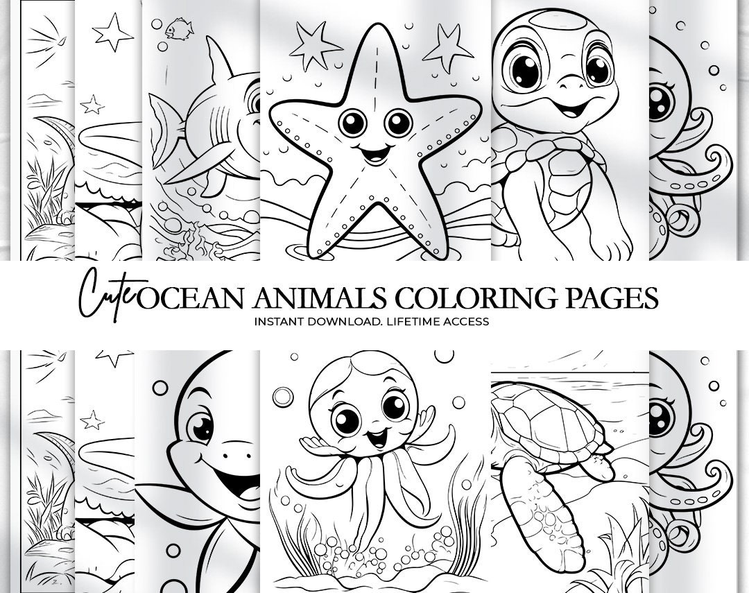 Cute Ocean Animal Coloring Pages, Kids Activity, Animal Illustrations
