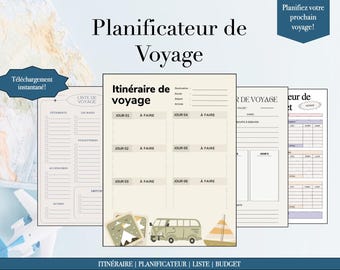 Planificateur de voyage en français à imprimer | Modèles simple à utiliser | Budget | Planificateur quotidien | Liste | Modèle digital