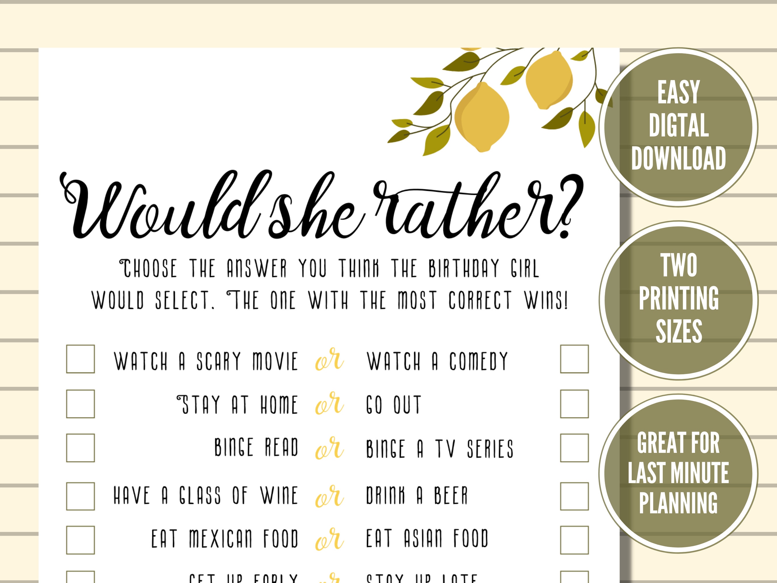 Adult Birthday Party Game Lemons I Birthday Would She Rather - Etsy
