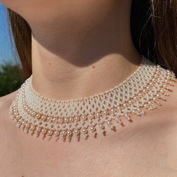 Collier blanc brillant, Collier de perles fait main, Collier en or blanc, Accessoires pour femmes, Bijoux en perles de rocaille, Collier pour femme