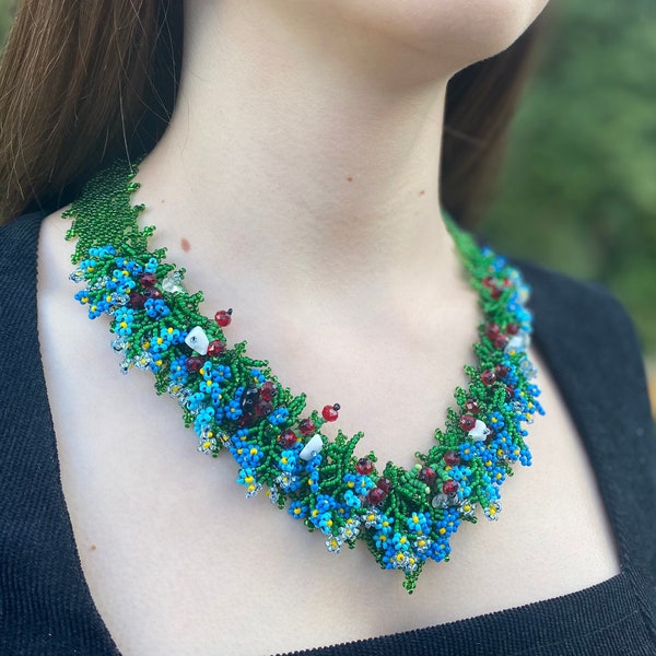 Ukrainian Beaded Necklace Handmade, Ukrainian jewelry, Beaded necklace, Blue necklace Flowers