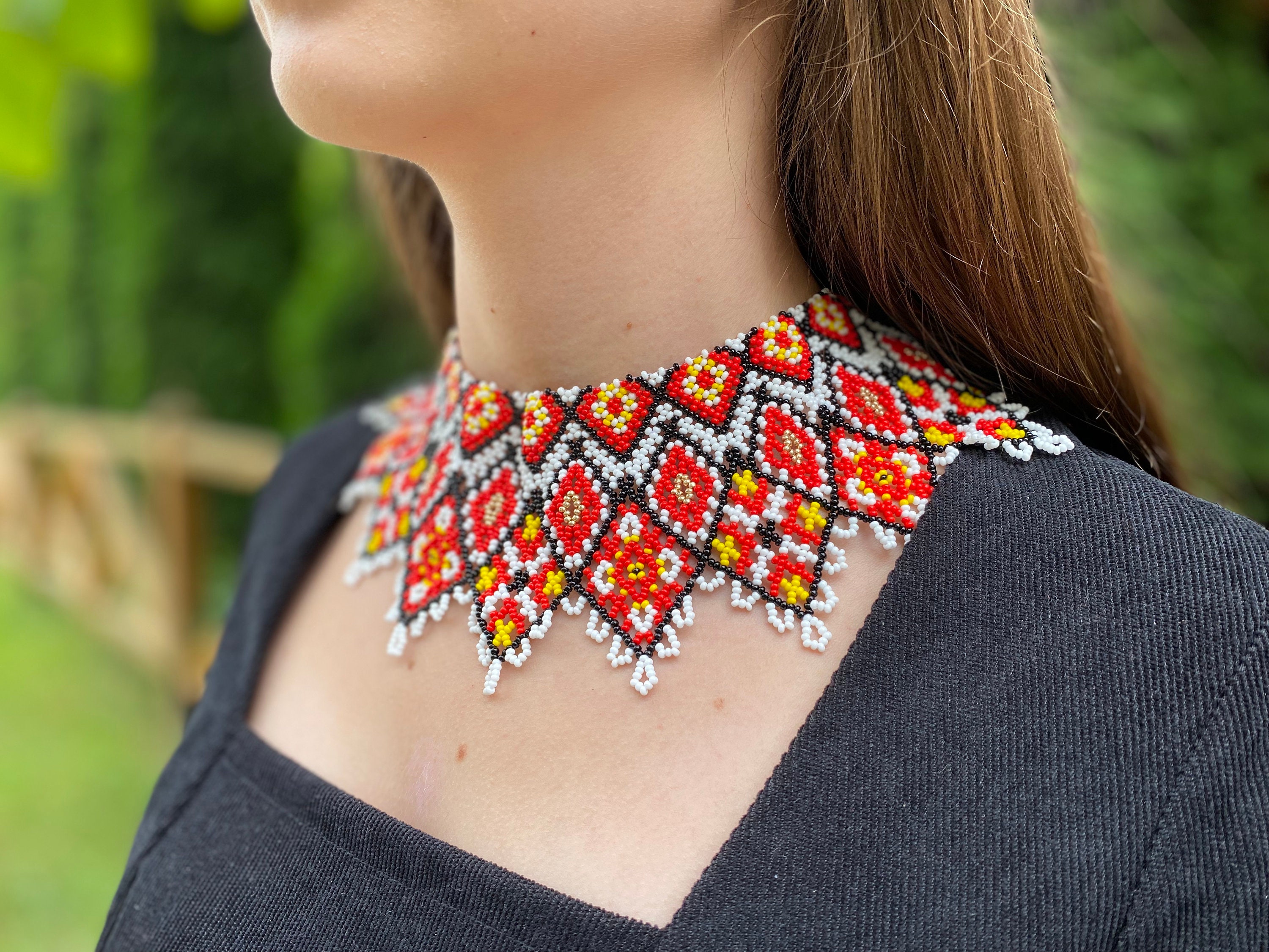 Handmade Beaded Necklace , Ukrainian Beaded Gerdan , Long