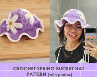 Spring Lila Bucket Hat Pattern Crochet, Cottagecore Spring Fairy Cute Flower Daisy Aesthetic