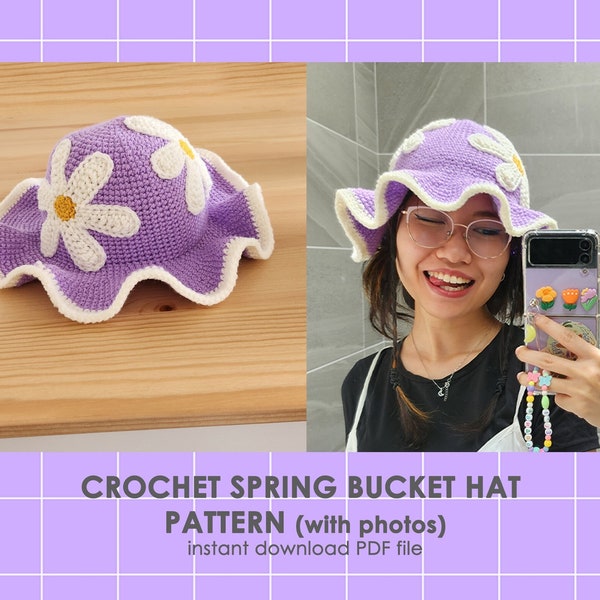 Spring Lila Bucket Hat Pattern Crochet, Cottagecore Spring Fairy Cute Flower Daisy Aesthetic