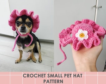 Cute Sun Bucket Flower Hat with Ruffles Small Pet Pattern, Dog Cat Bunny, Crochet Hat Pattern