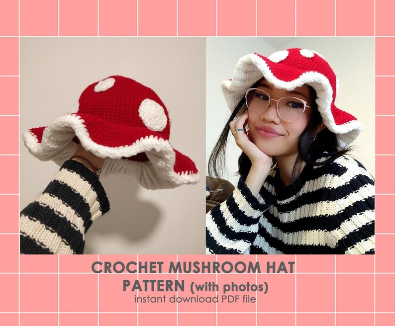 May include: A crochet mushroom hat pattern with photos. The pattern is available for instant download as a PDF file.