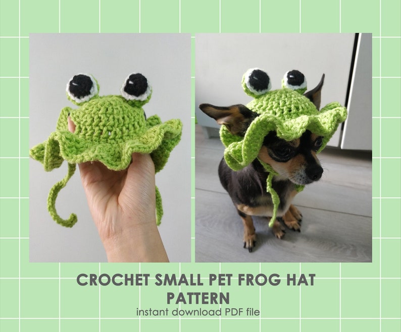 Cute Bucket Frog Hat with Ruffles Small Pet Pattern, Dog Cat Bunny, Crochet Hat Pattern, Mini Frog Hat image 1