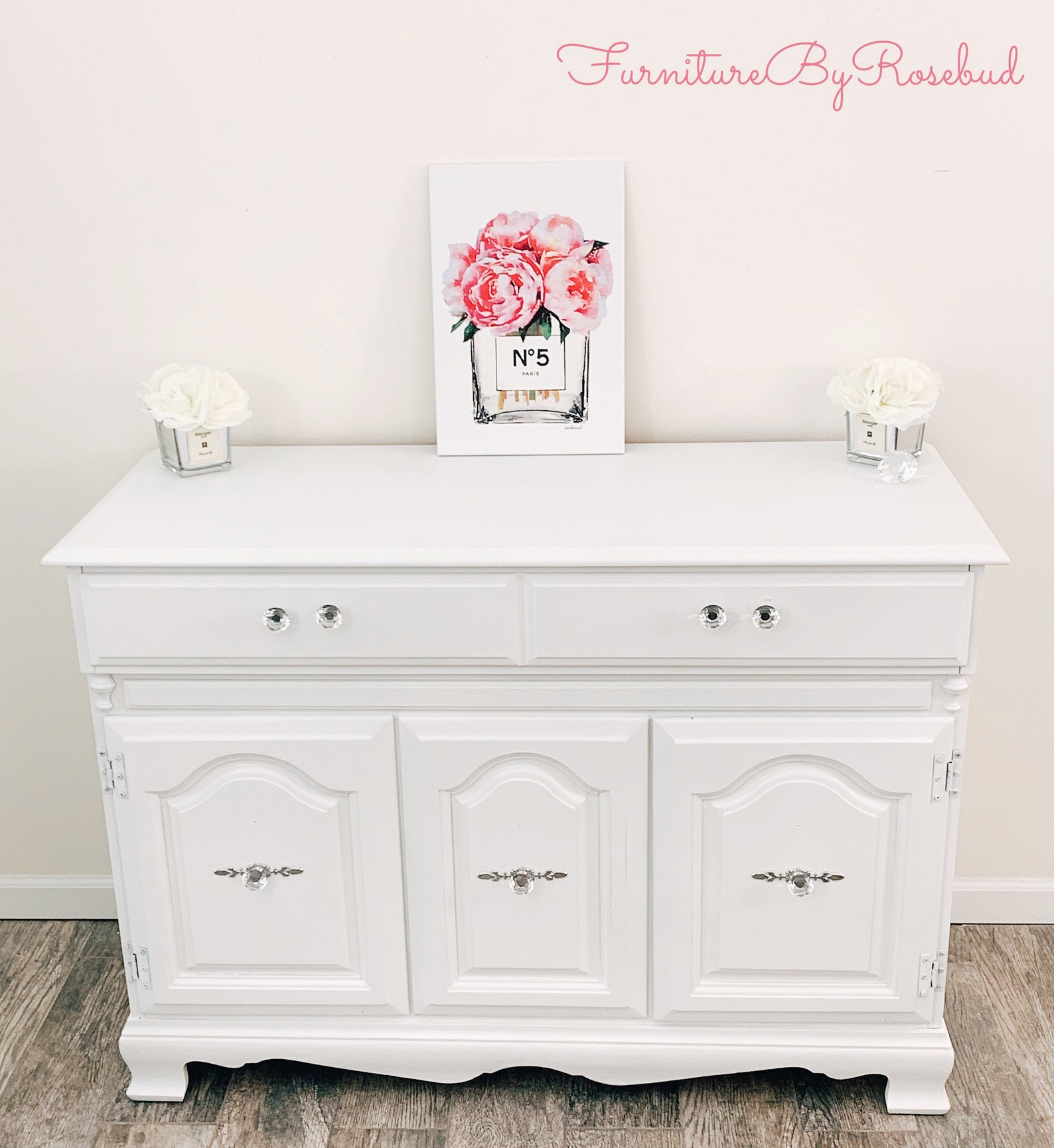 White Solid Wood Buffet Server with Crystal Knobs Etsy