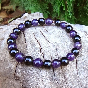 Empathic Protection - Amethyst & Black Tourmaline Bracelet - High Quality - Handmade - 8mm Beads