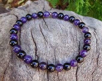 Empathic Protection - Amethyst & Black Tourmaline Bracelet - High Quality - Handmade - 6mm Beads