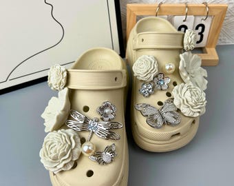 Shoe Charms Set, White Resin Flowers & Silver Butterfly, Elegant Clog Embellishments, Perfect Gift for Women Teens, Summer Style
