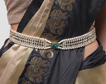 Ceinture sari émeraude | Kamarbandh vert | Chaîne de ventre | Ceinture Lehenga | Pearl KamarBandh | Chaîne ventrale Kundan | Ceinture de taille | bijoux de taille