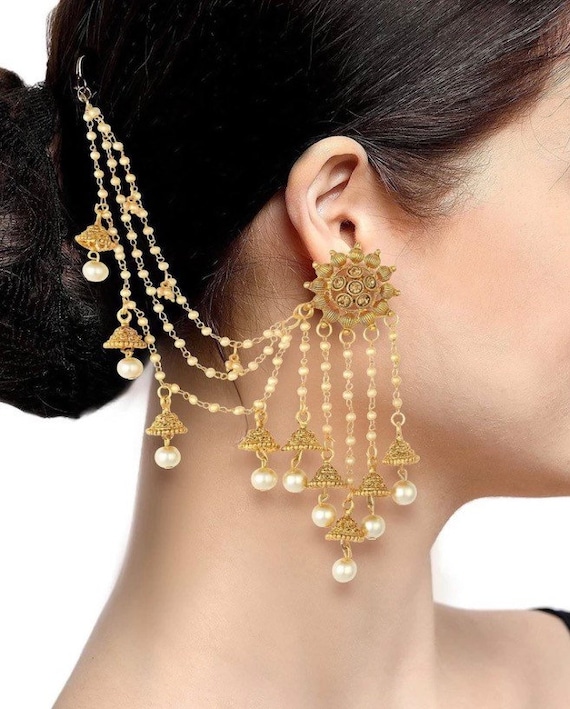 Gold Toned Long Jhumka Earrings With Kaan Chain/ear Chain - Etsy