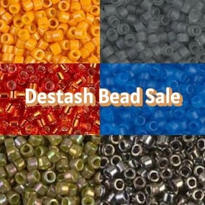 May include: A collage of colorful seed beads in various shades, including yellow, gray, red, blue, green, and black. The text "Destash Bead Sale" is overlaid on the image, indicating a sale of these crafting supplies.