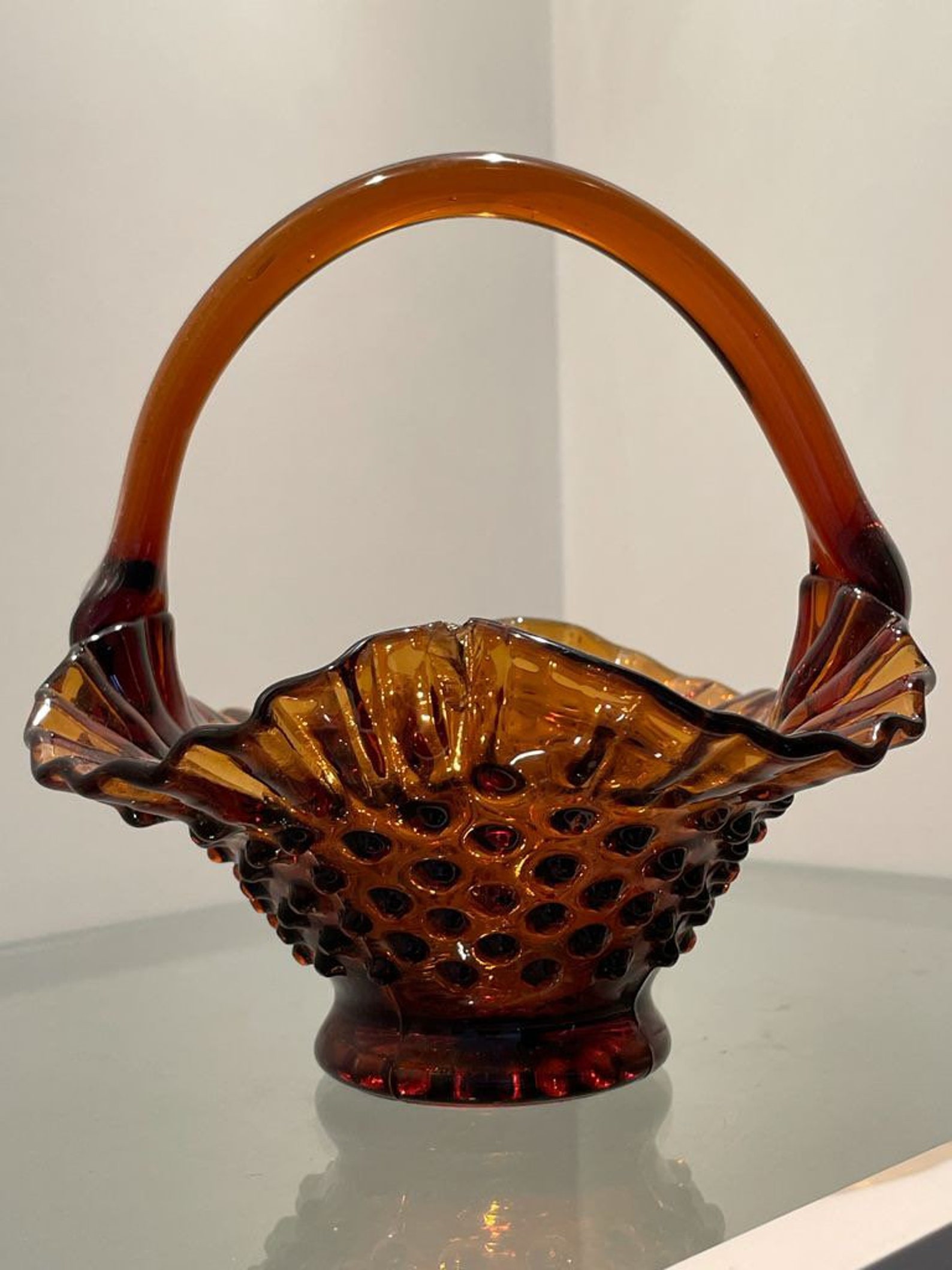 Vintage Hobnail style ruffled amber glass basket Etsy