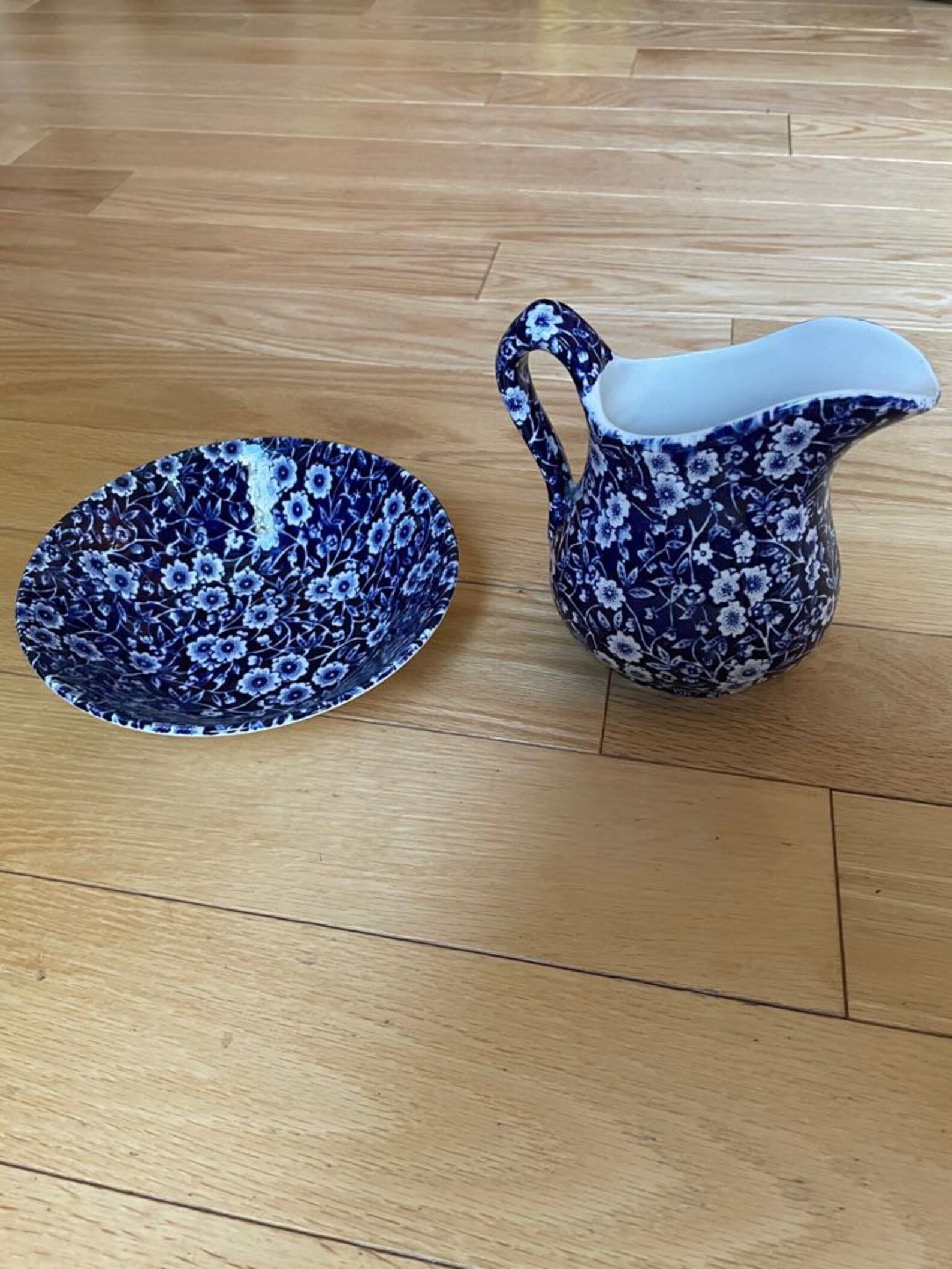 Vintage water pitcher and bowl wash set. Blue Calico Etsy