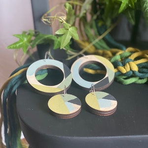 Pipit Sheffield Street Art gradients of green hand painted sustainably sourced wooden earrings with silver hoops image 1