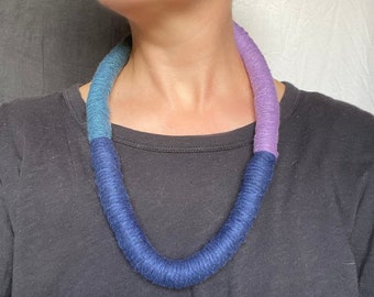 Pipit Sheffield Street Art block colour wrapped necklace gradients of blue made with recycled cotton