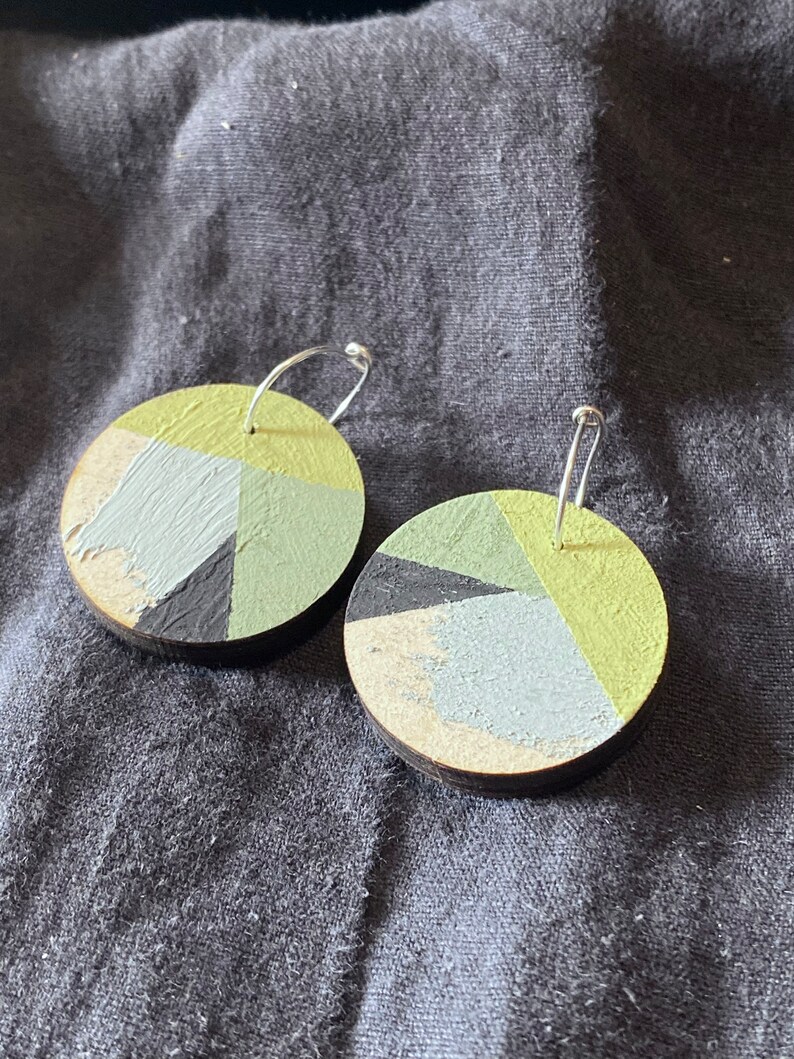 Pipit Sheffield Street Art gradients of green hand painted sustainably sourced wooden earrings with silver hoops image 4