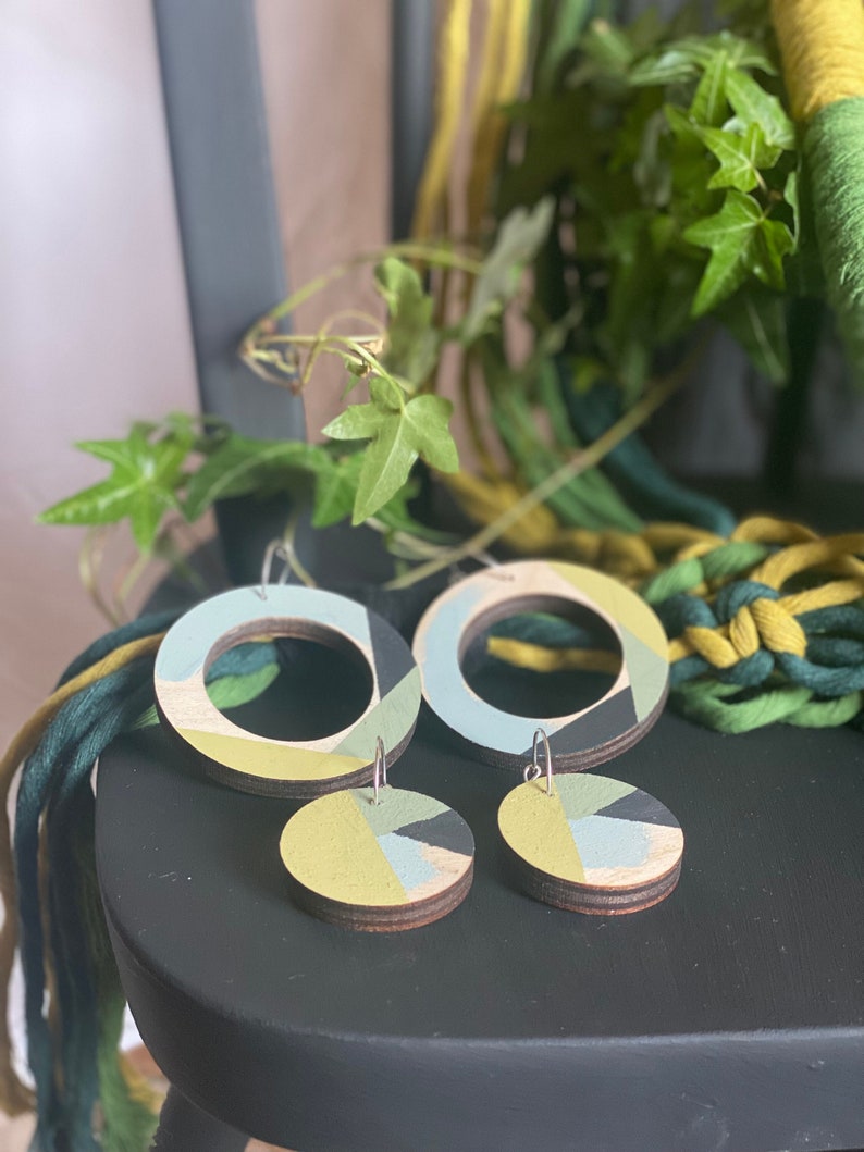 Pipit Sheffield Street Art gradients of green hand painted sustainably sourced wooden earrings with silver hoops image 1