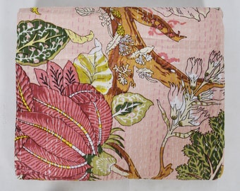 Hermosas flores de melocotón impresión kantha edredón indio hecho a mano kantha reversible algodón ropa de cama colcha king tamaño vintage Kantha Gudari Arts