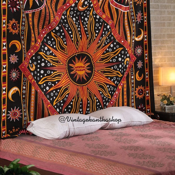 Tapisserie mandala du zodiaque - Décoration murale céleste - Soleil brûlant - Tapisserie indienne à suspendre pour dortoir, bohème, hippie, gitane - 228,6 x 213,4 cm