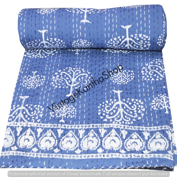 Indian Kantha Quilt Twin Size Indigo Handmade Kantha Bed Cover Throw Reversible Blanket Bedding Pure Cotton Throw