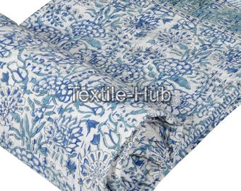 Indio hecho a mano color azul floral rey-reina-gemelo-almohada cubierta Kantha edredón manta colcha mano bloque impresión Kantha edredón Bestickte Kissen