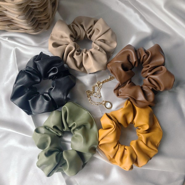 PACK OF 5 Vintage Vegan Leather Hair Scrunchies.Elastic Leather Hair Band.Ponytail Holder. Stylish Hair Accessories for Women and Kids