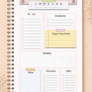 May include: A spiral-bound planner page featuring sections labeled To-do, Contactar, S&uacute;per Importante, Detalles, Notas, Compras, and Citas. The layout includes a weekly tracker with letters L, M, M, J, V, S, D, checkboxes, and grid paper elements.