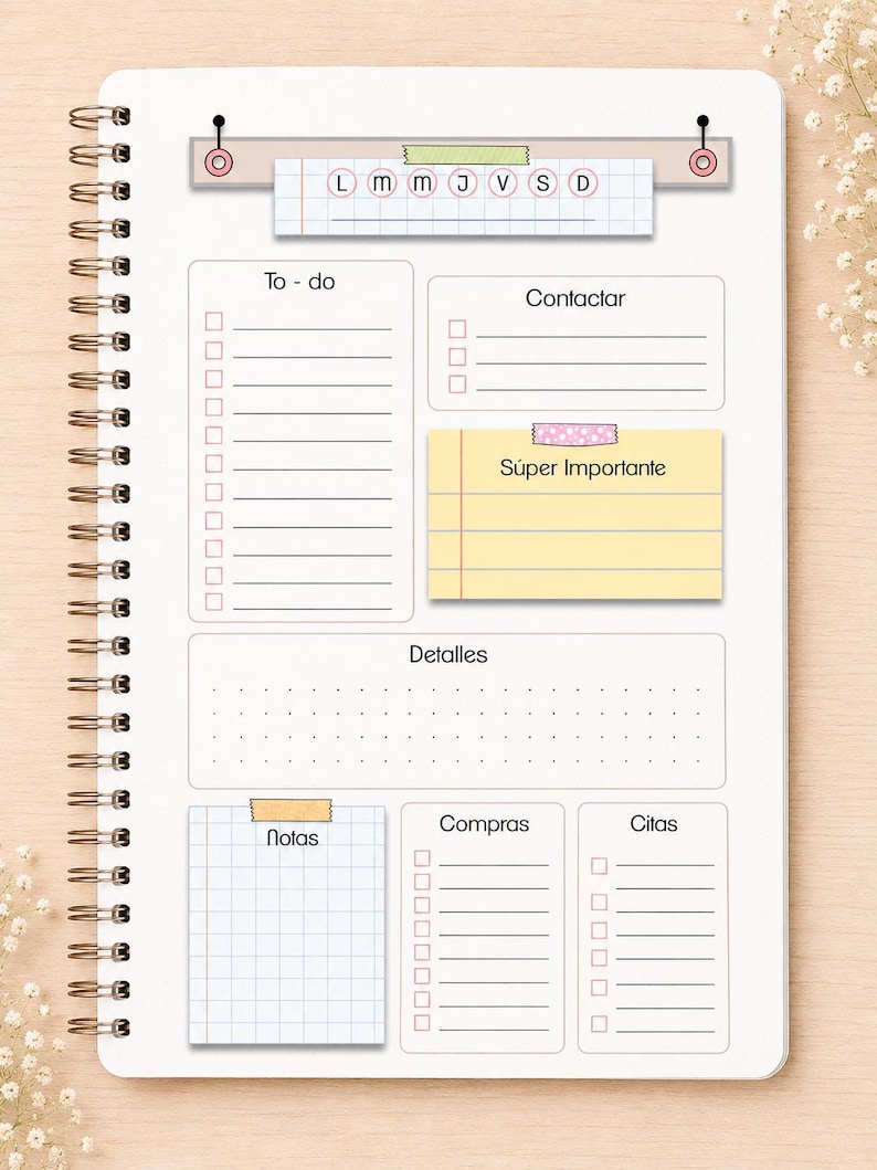 May include: A spiral-bound planner page featuring sections labeled To-do, Contactar, S&uacute;per Importante, Detalles, Notas, Compras, and Citas. The layout includes a weekly tracker with letters L, M, M, J, V, S, D, checkboxes, and grid paper elements.