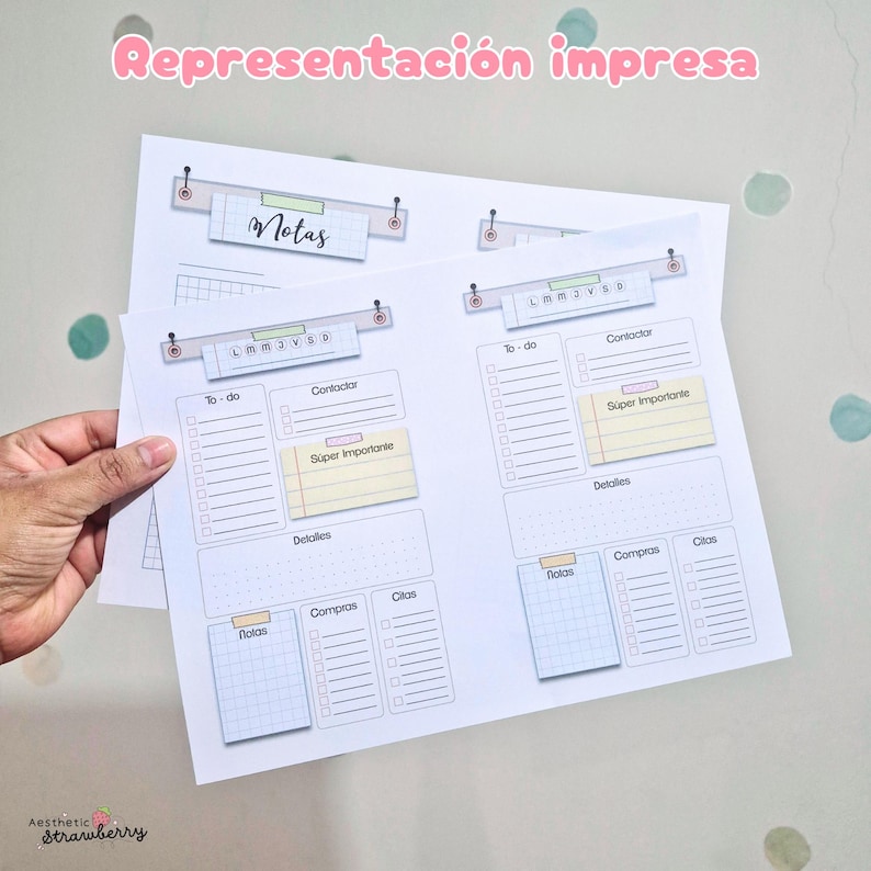 May include: A white printed planner sheet featuring sections for To-do, Contactar, S&uacute;per Importante, Detalles, Notas, Compras, and Citas. The layout includes pastel-colored boxes, grid patterns, and headers in Spanish. The text Representaci&oacute;n impresa appears at the top.