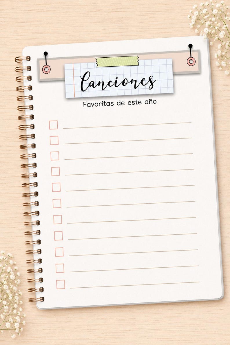 May include: A spiral-bound notebook page featuring a grid-patterned header with the text Canciones and the subtitle Favoritas de este a&ntilde;o. Below the header, there are ten horizontal lines with empty checkboxes for a list of favorite songs.