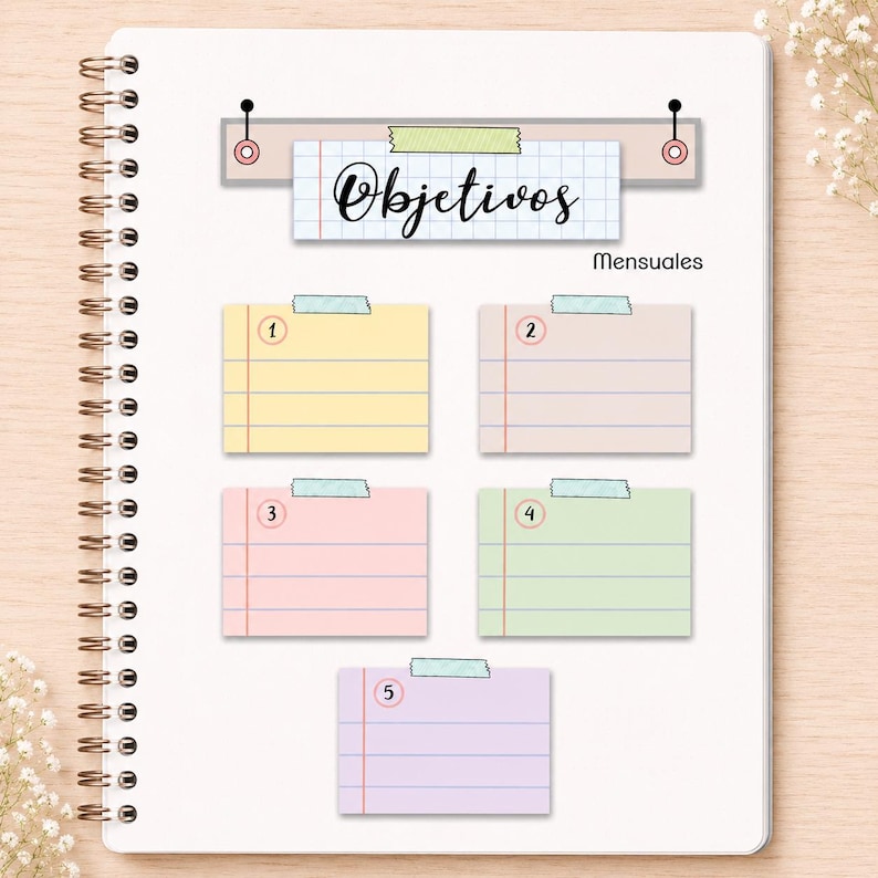May include: A spiral-bound notebook page featuring a header with the text "Objetivos" and "Mensuales" above five rectangular, lined sticky note graphics in yellow, beige, pink, light green, and light purple, each numbered one through five.
