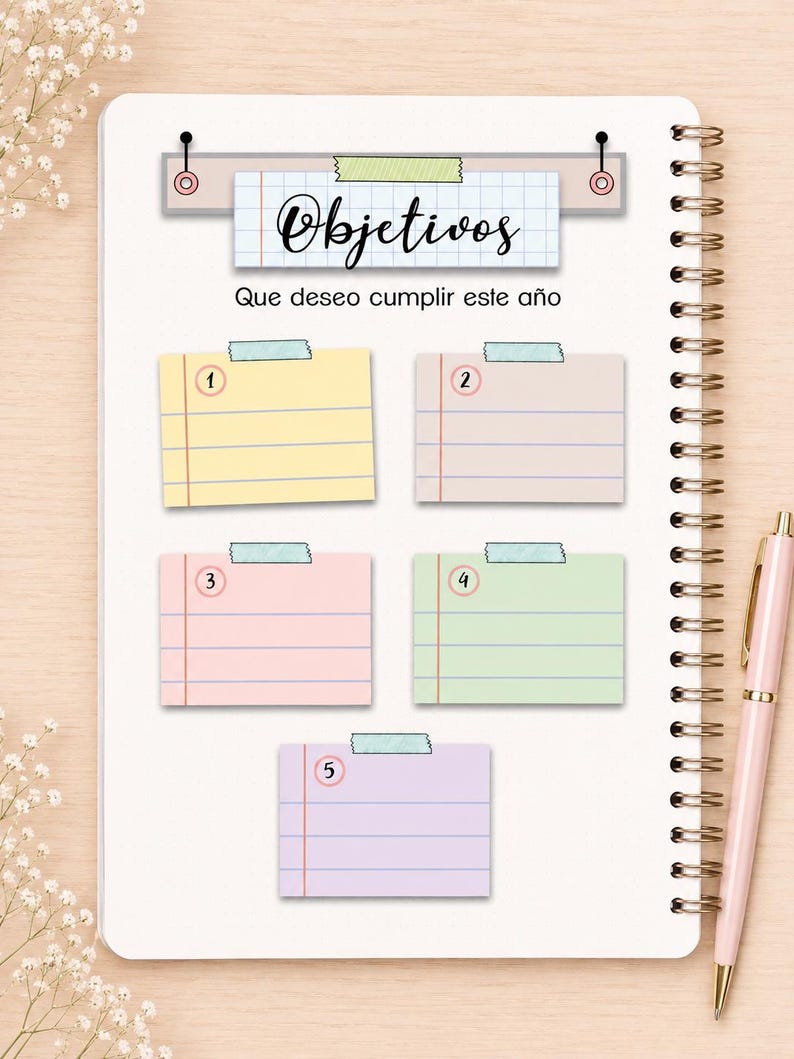 May include: A spiral-bound notebook page featuring a header with the text "Objetivos" and "Que deseo cumplir este a&ntilde;o" above five numbered, pastel-colored sticky note sections in yellow, beige, pink, green, and purple, each secured with tape.