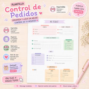 Puede incluir: Una plantilla imprimible de control de pedidos con secciones para información de contacto, detalles del producto, estado, pago y métodos de envío. El documento utiliza una paleta de colores pastel con acentos en rosa, morado, verde y naranja sobre un fondo blanco.