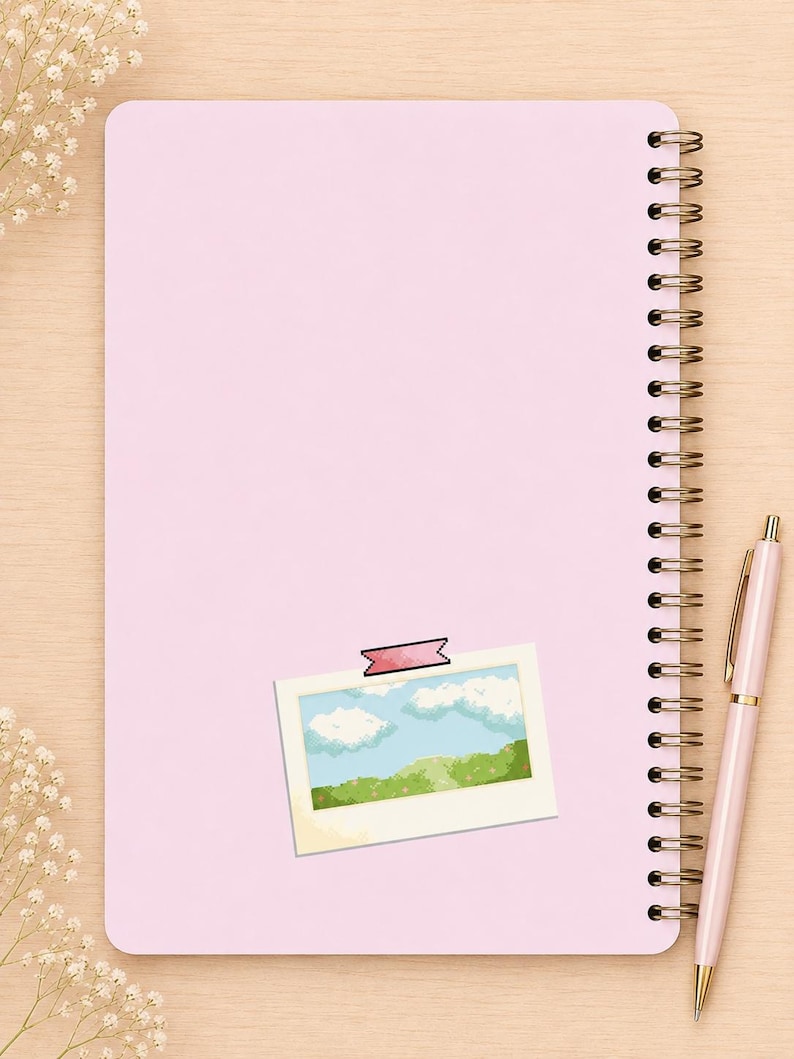 May include: A light pink spiral-bound notebook with a rectangular sticker featuring a pixel art landscape of a blue sky with white clouds and green hills, secured by a small pink tape graphic, accompanied by a matching light pink ballpoint pen.