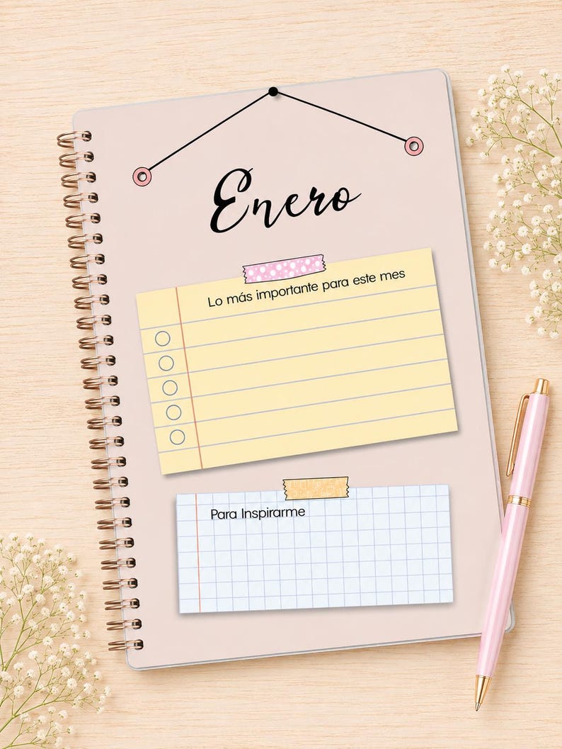 May include: A spiral-bound planner with a light pink cover featuring the word Enero in black script. It includes a yellow lined checklist titled Lo m&aacute;s importante para este mes and a white grid note section labeled Para Inspirarme, accompanied by a pink pen.