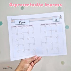 May include: A printed monthly calendar page with a grid layout for January, featuring the Spanish text Enero and 01 at the top. The calendar includes columns for days of the week from Monday to Sunday, with a dedicated notes section on the right side.