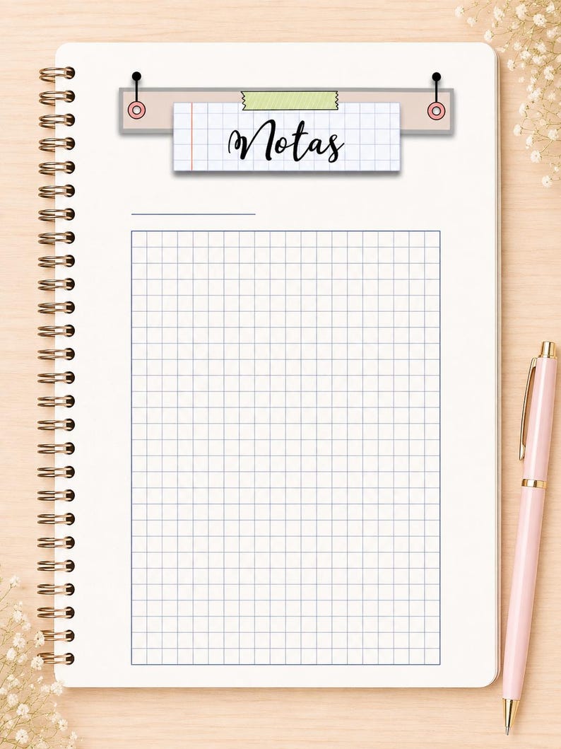 May include: A spiral-bound notebook page featuring a grid pattern and a rectangular paper cutout at the top. The cutout is attached with a piece of light green tape and displays the word "Notas" in black cursive script against a grid background.