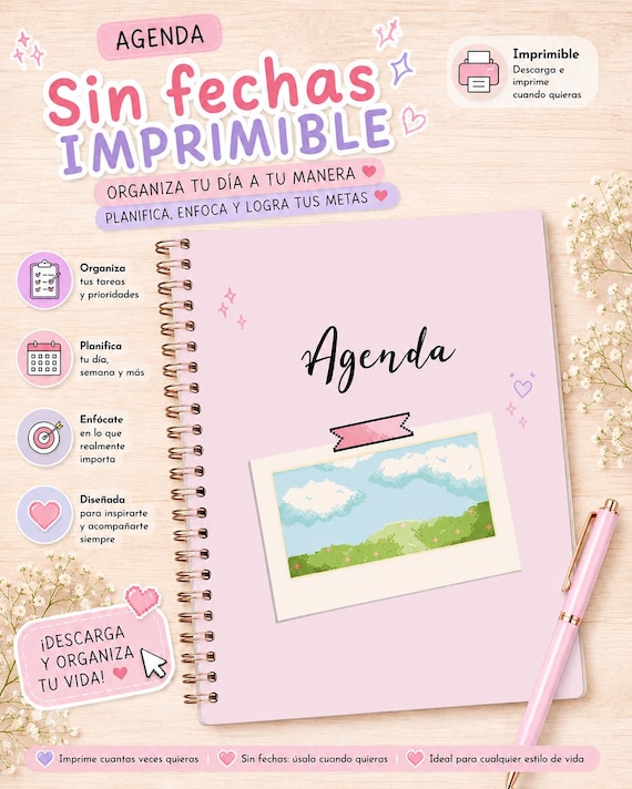 Agenda Aesthetic Imprimible | Planner Digital PDF Sin Fechas | Organizador Mensual y Diario | Agenda Printable | Bullet Journal