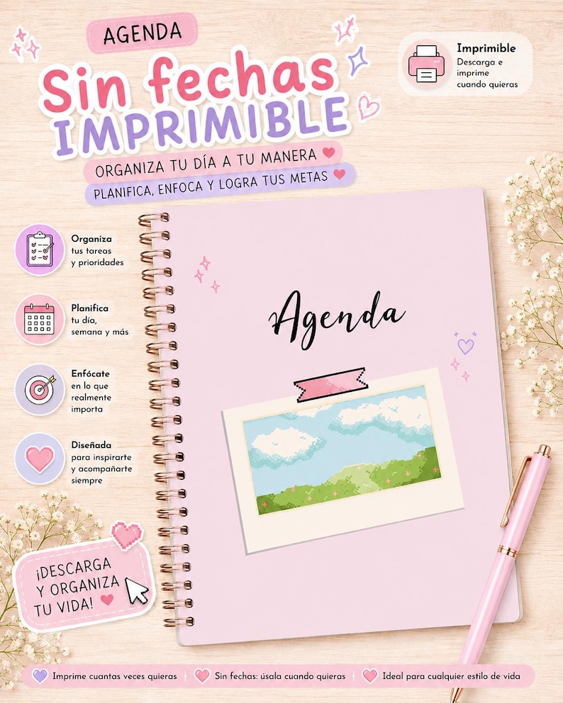 May include: A light pink spiral-bound planner with the word Agenda printed in black script. The cover features a rectangular illustration of a blue sky with clouds over a green landscape. A light pink pen rests beside the planner on the right side.