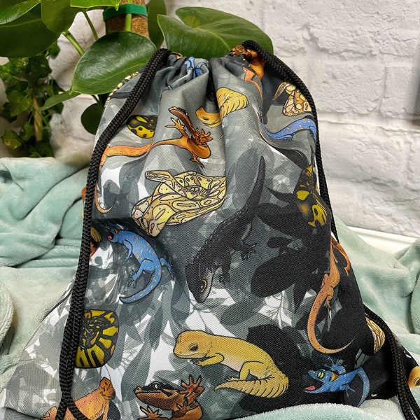 Reptile and Floral Print Drawstring Bag | Ball Python | Tokay Gecko | Bearded Dragon | Lizard Backpack