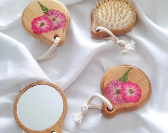 Floral Hairbrush and Mirror Set | Brush and Mirror Traveling Set | Epoxy Resin | Bamboo | Botanical comb and mirror | Custom color