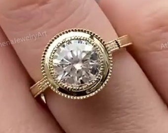 Round Cut Moissanite Solitaire With Accent Ring, 18K Solid Yellow Gold Full Bezel Diamond Ring, Cathedral Style Ring, Proposal Ring For Her