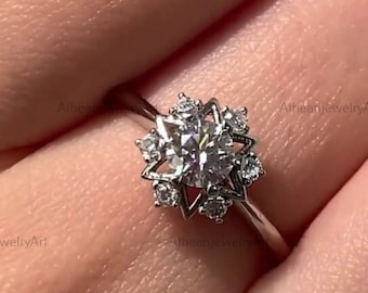 Art Deco Round Moissanite Proposal Ring, 925 Solid Sterling Silver Star Shaped Unique Engagement Ring, Anniversary Gift For Her Ring.