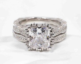 Stralende geslepen Moissanite Art Deco ring met vintage band, 925 sterling zilver driezijdige diamanten trouwring set, bruidsring set voor haar