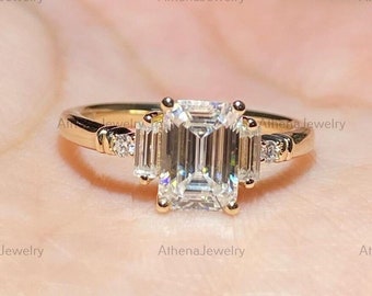 Emerald Cut Moissanite Five Stone Ring, 14K Solid Yellow Gold Unique Women Ring, Engagement Ring For Women, Proposal Ring, Gift For Her