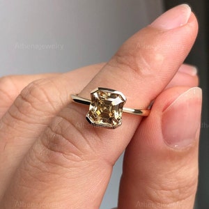 Champagne Yellow Asscher Cut Moissanite Solitaire Ring, 10K Solid Yellow Gold Semi Bezel Ring, One Diamond Ring, Proposal Ring, Promise Ring