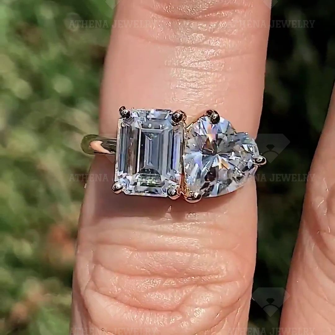 Two Stone Ringdouble Moissanite Engagement Ring Heart Etsy